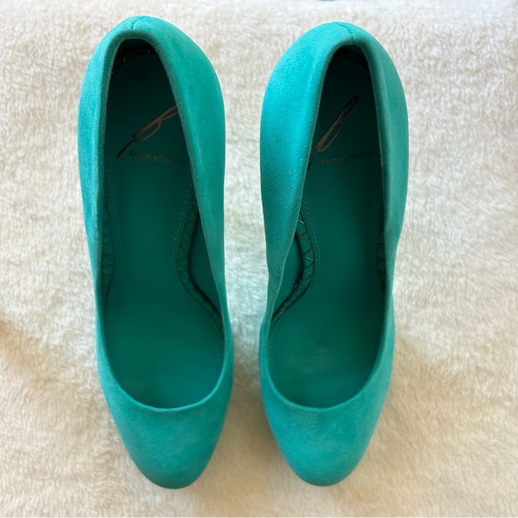 B Brian Atwood Fontanne Turquoise Ultra Suede and Snake Print Heels - Picture 3 of 8